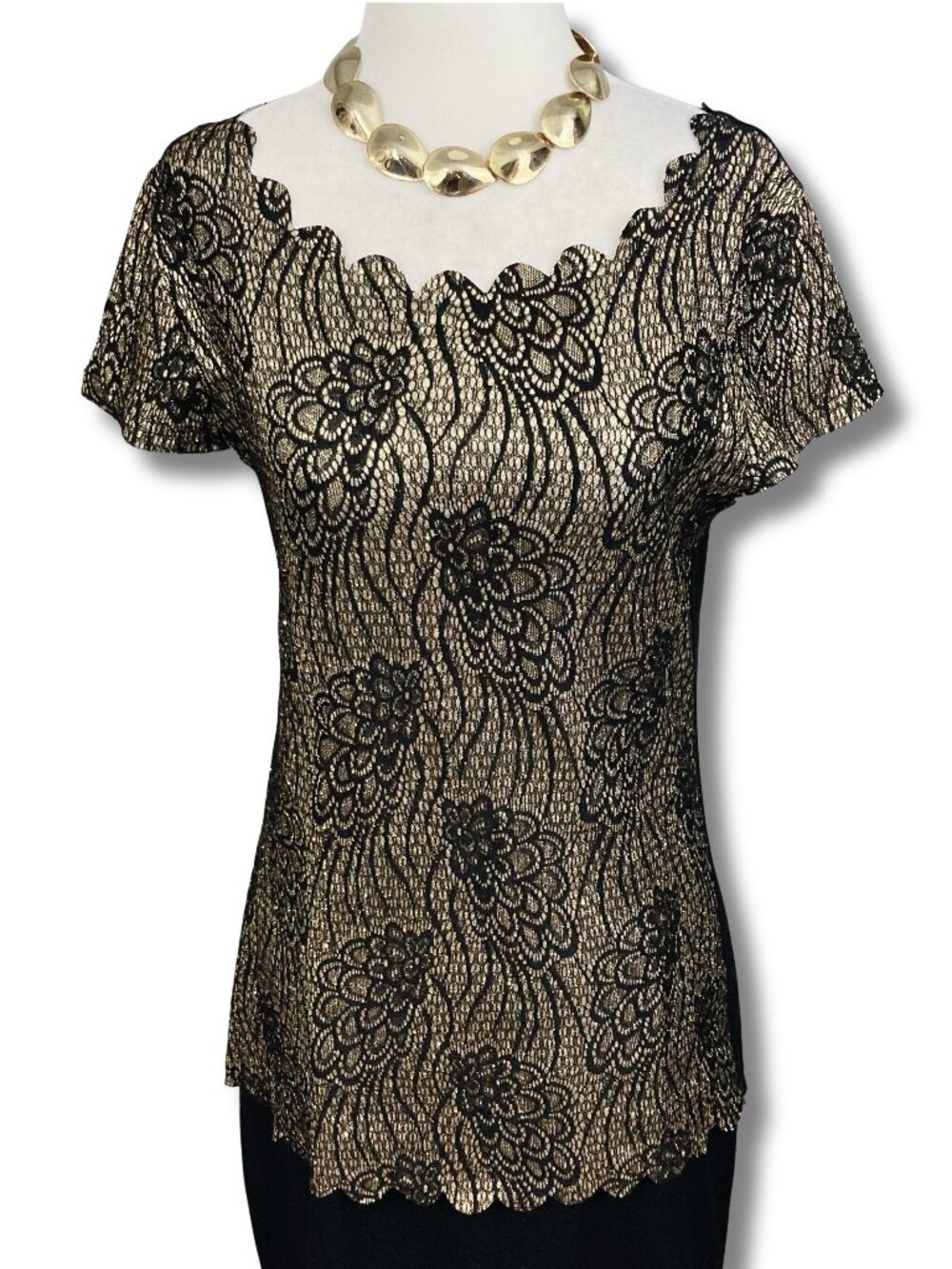 DINO Metallic gold and black floral lace scalloped scoop neck shirt MEDIUM top